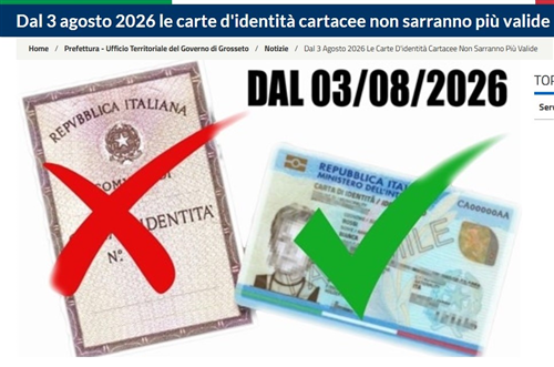 Cessazione della validità delle CARTE D'IDENTITÀ CARTACEE dal 3 AGOSTO 2026