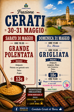 Sabato 30 e domenica 31 maggio prende via l'annuale festa in frazione Cerati all'insegna del buon cibo