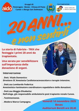 Venerdì 14 novembre la serata di sensibilizzazione con Fabrizio Trix  “20 anni e non sentirli”